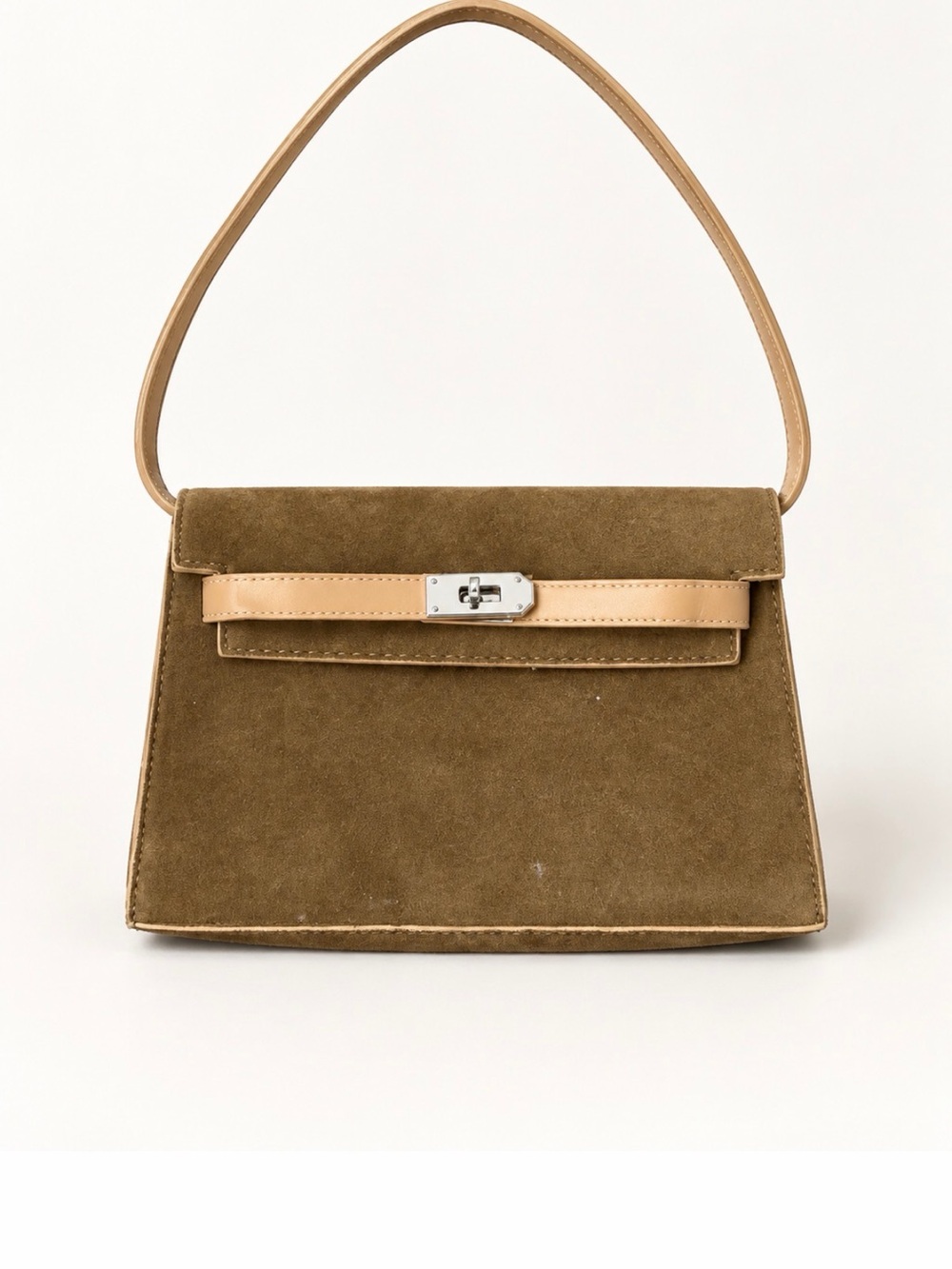 Structured Suede Shoulder Bag in Olive with Tan Trim